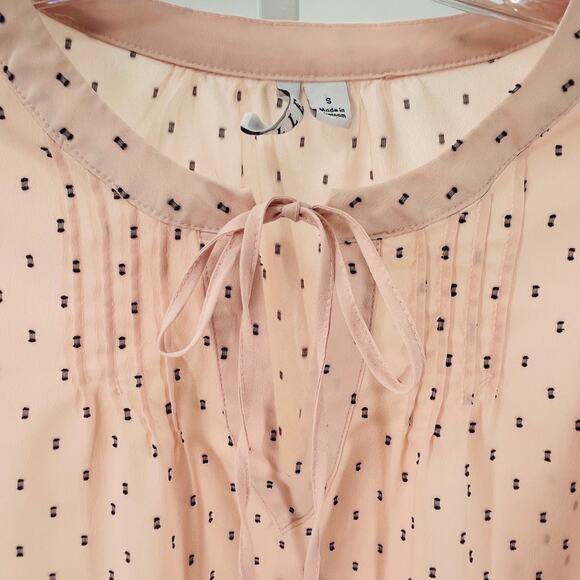 Elle Peach Whip Polka Dot Tie Neck Long Sleeve Sheer Chiffon Career Top Blouse S - Picture 3 of 10